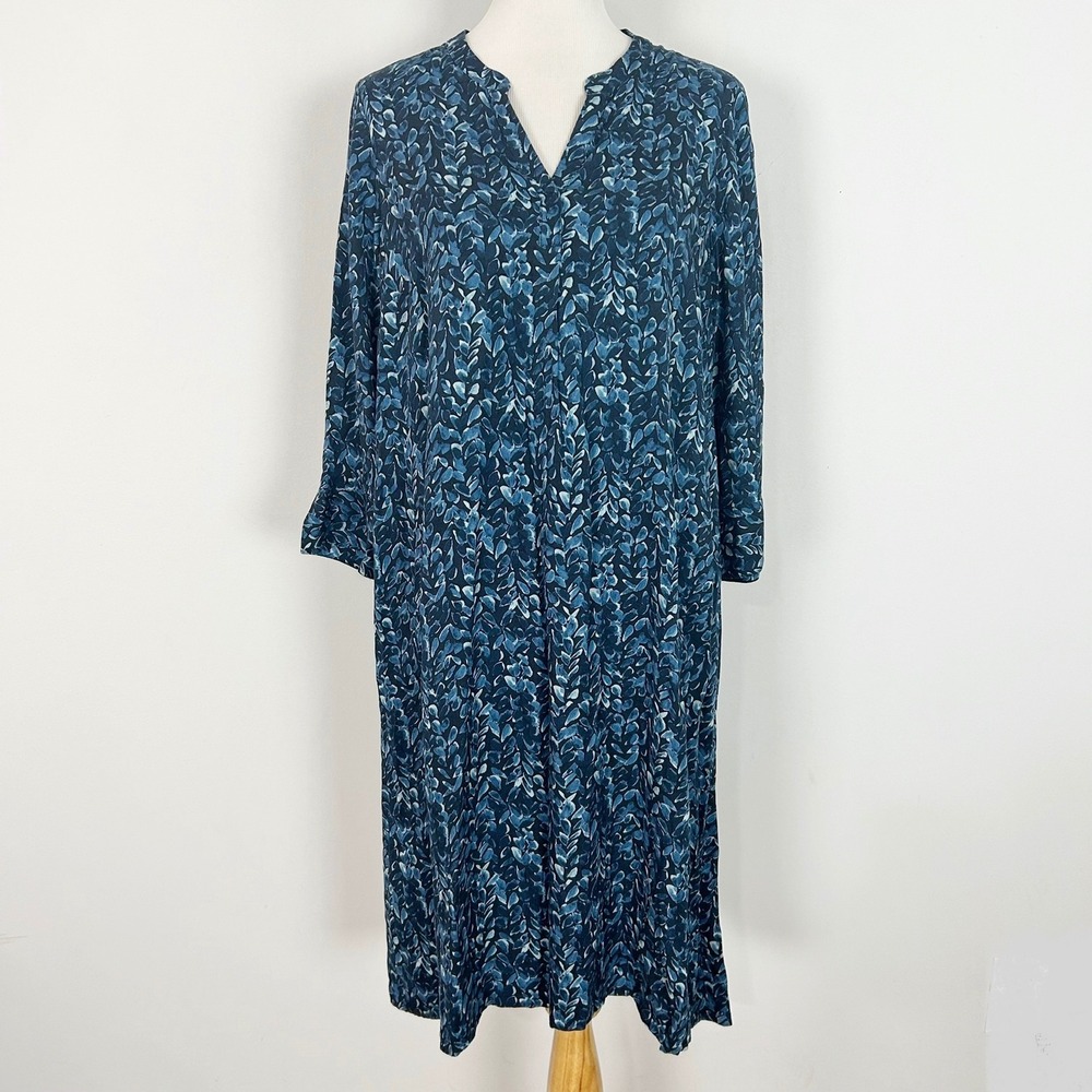 NEW Pure Jill by J.Jill Flowy Dress Blue Leaf Print Long Sleeve Size Small